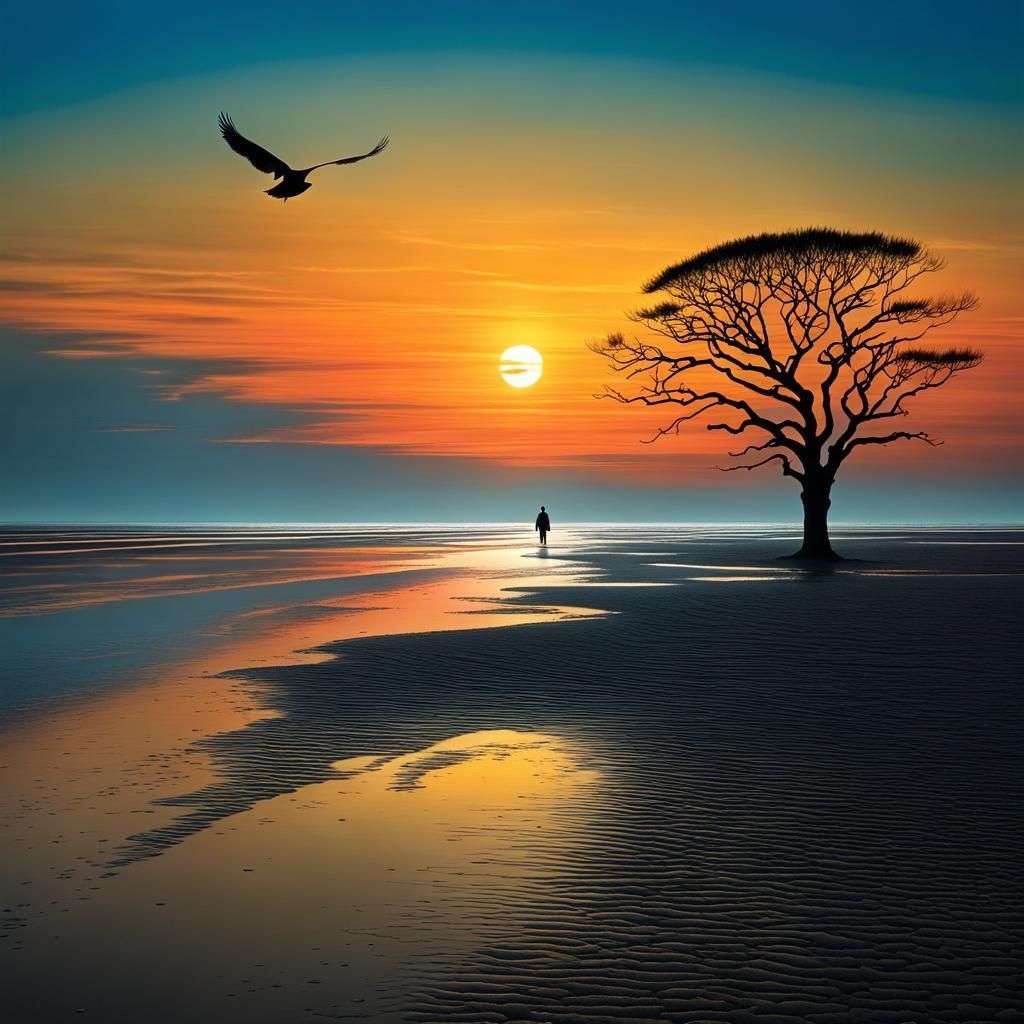 Sunset Walker on Wadden Sea in Dark Comic Art