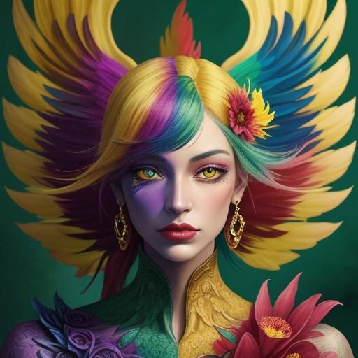 Dragon-Peacock Woman in Vibrant Abstract Fantasy Art