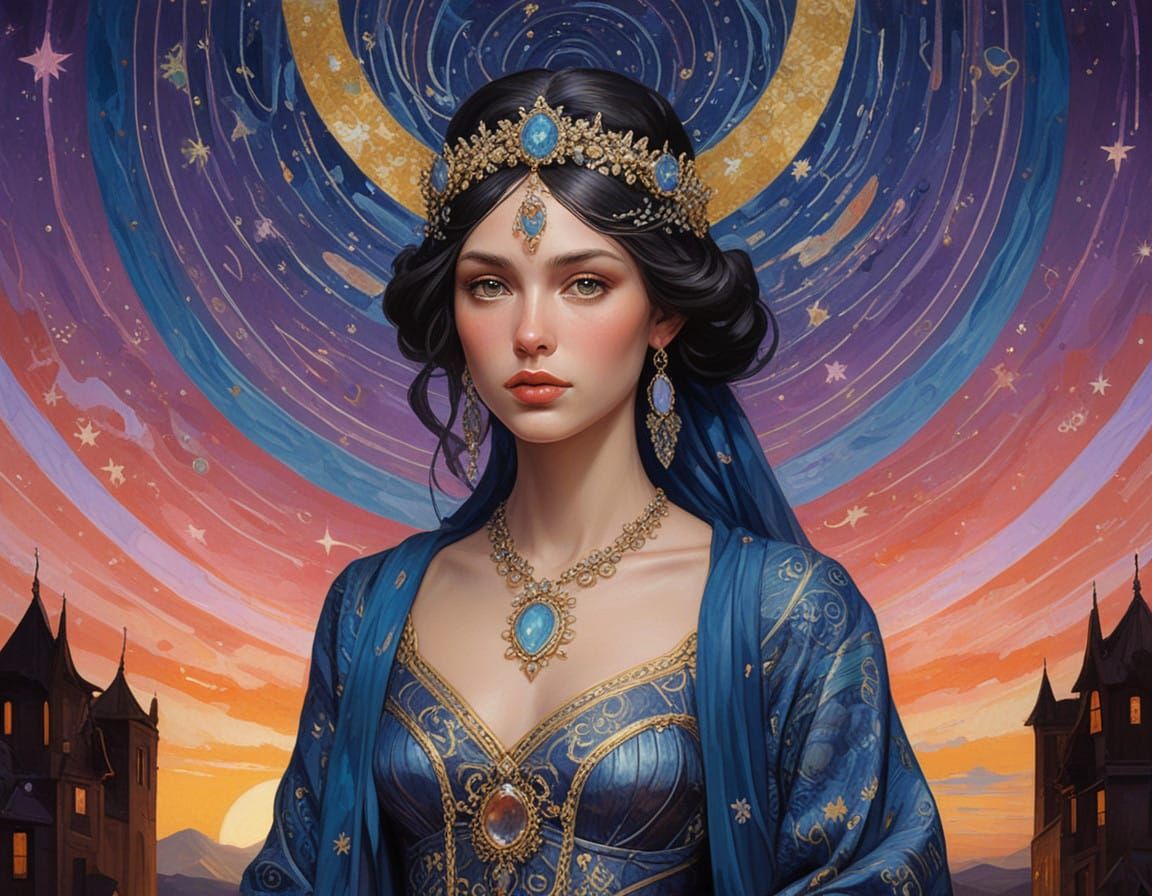 Luminous Goddess in Iridescent Cosmic Landscape