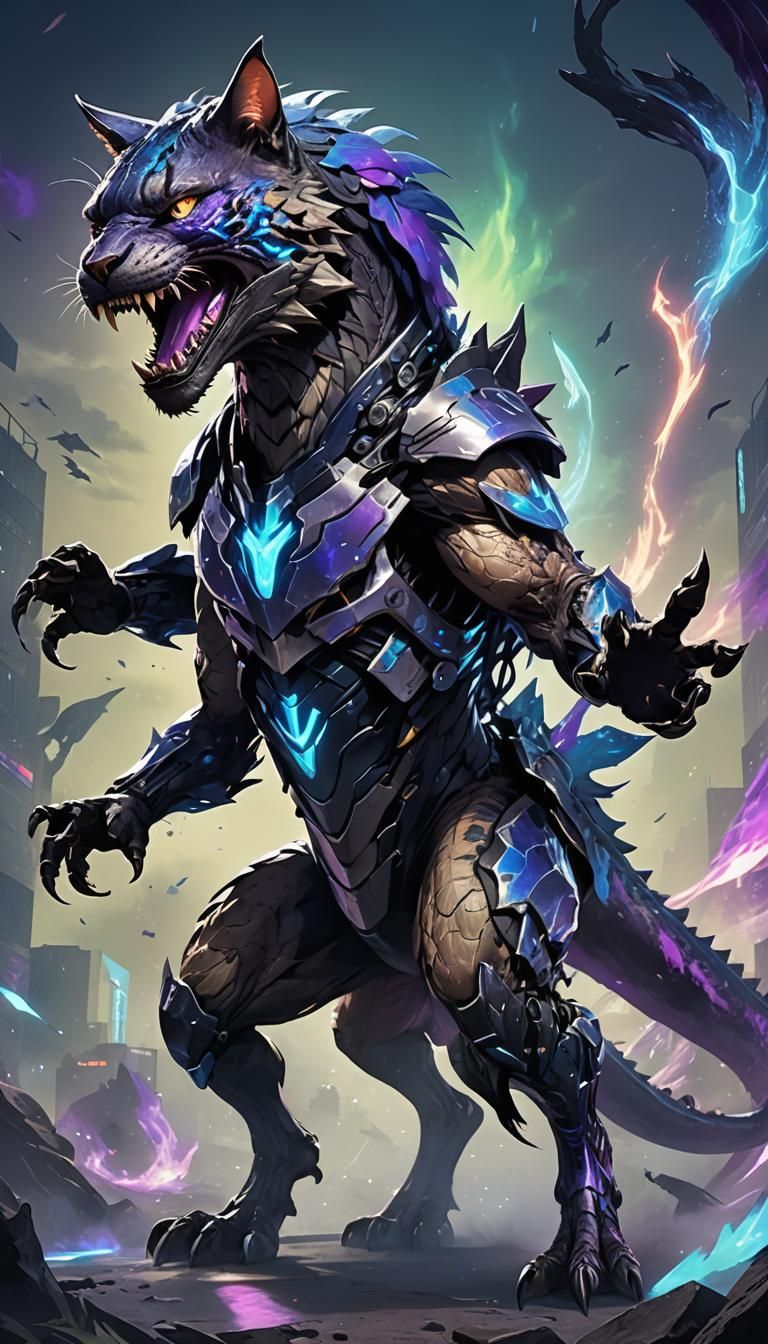 Futuristic Cat-Rex Fusion Monster in Anime Style