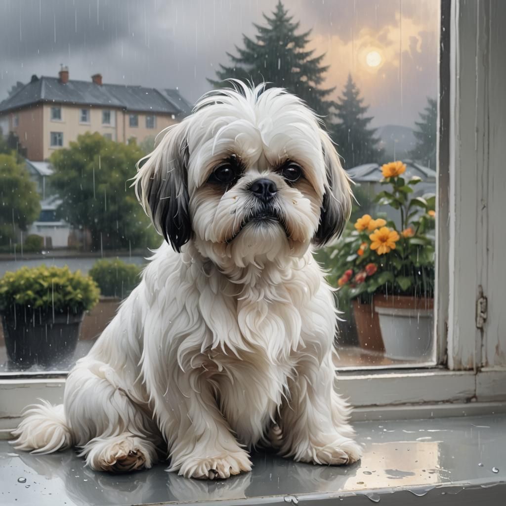 Shih Tzu in Rainy Window, Digital Oil Painting