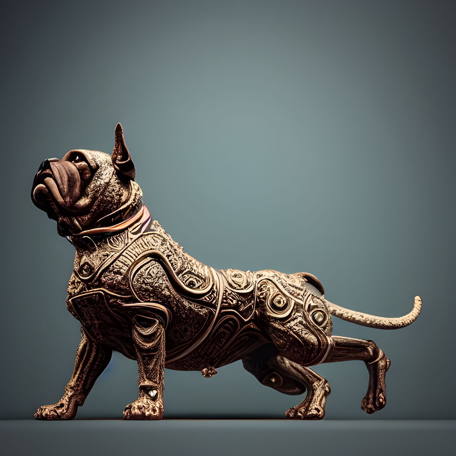 Ornate Bulldog Sculpture with Backlit Tribal Art Details