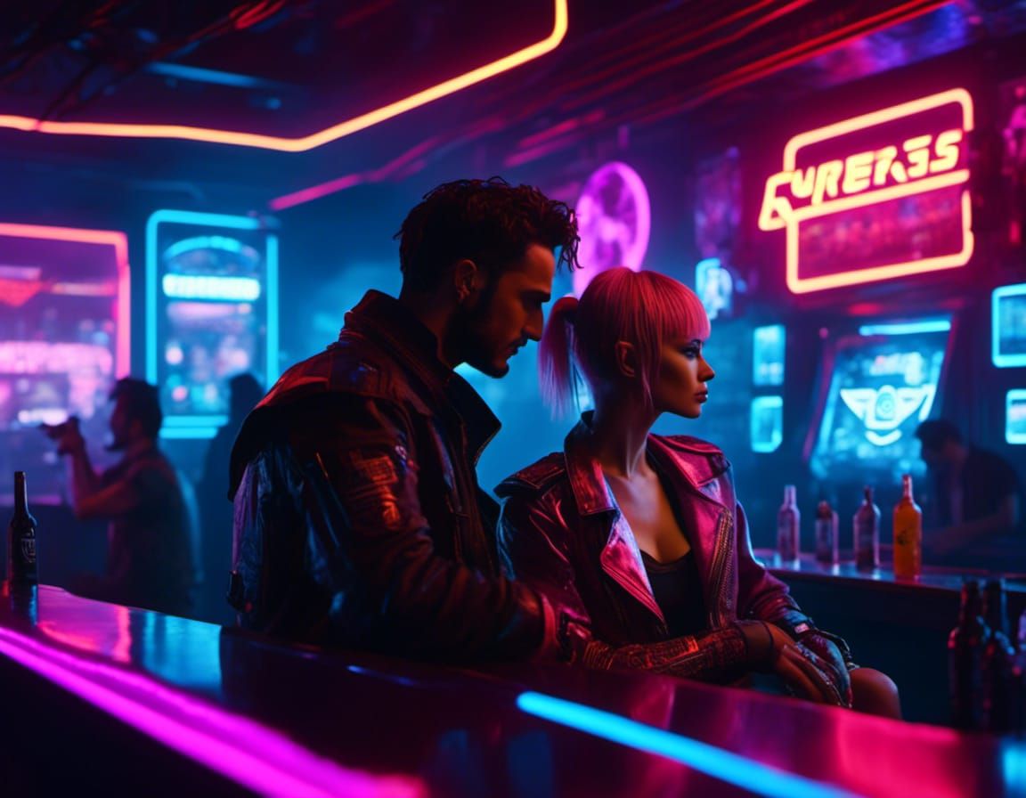 Cyberpunk Bar Scene: Cyborg Woman and Rockerboy