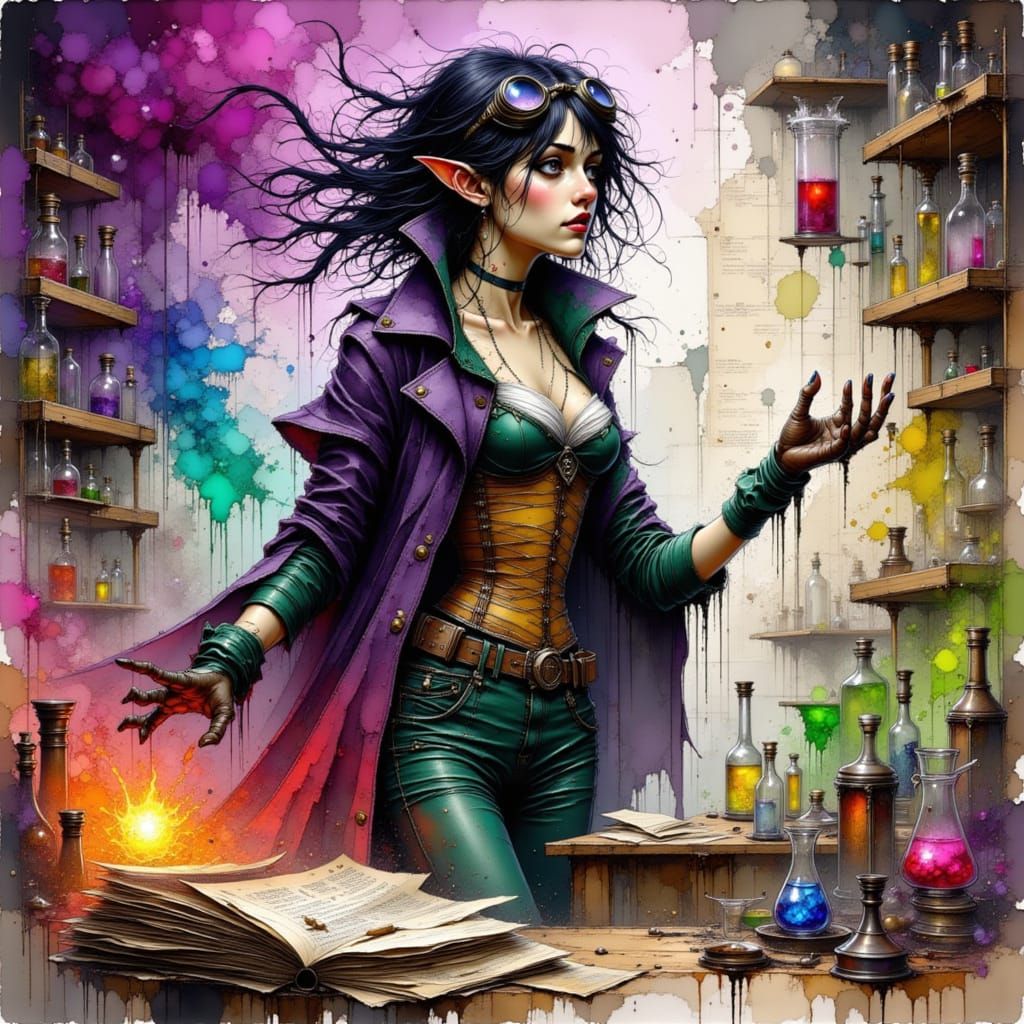 Half-Elf Scholar in Chaotic Lab, D&D Style