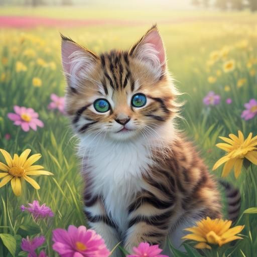 Playful Kittens in Sunny Meadow: Photorealistic Oil Painting