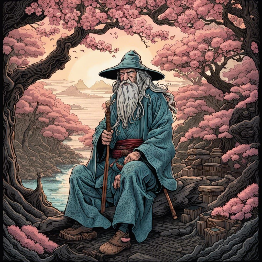 Samurai Gandalf Woodblock Print with Cherry Blossoms