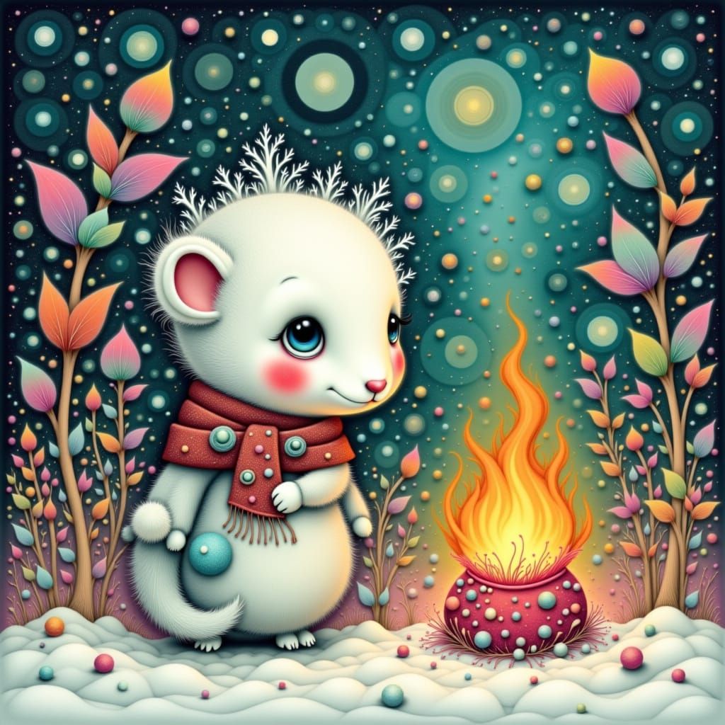Fluffy Snowflake Meets Flame Critter in Whimsical Style