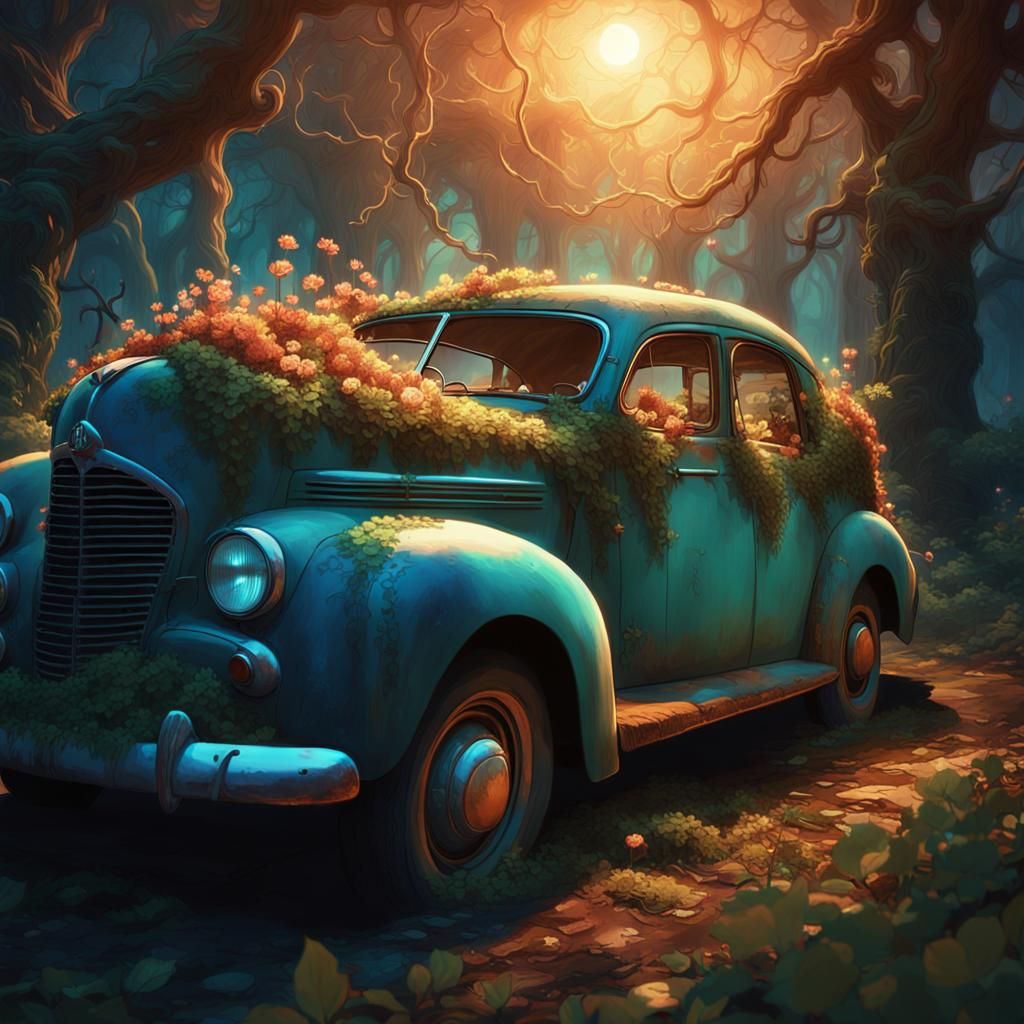 Enchanted Car in Moonlit Forest Concept Art