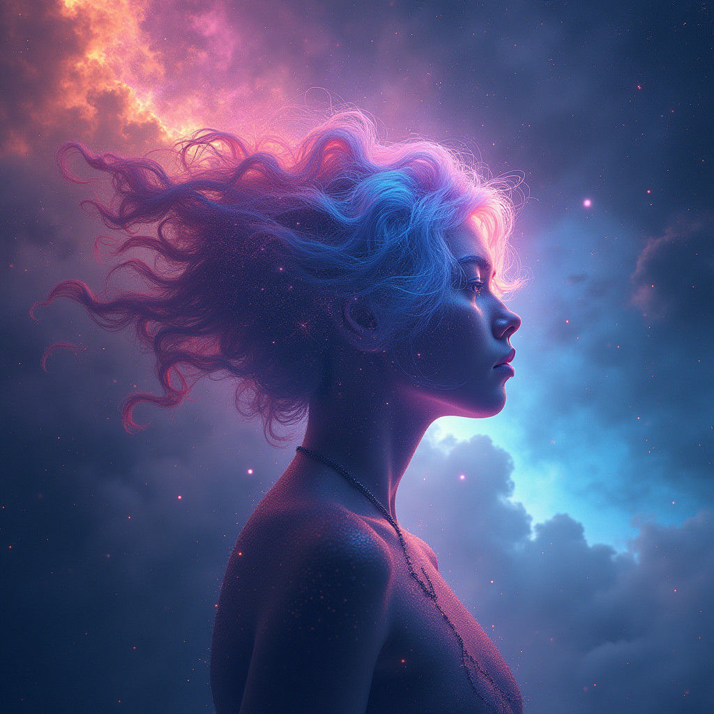 Cosmic Girl with Rainbow Hair in Nebulae