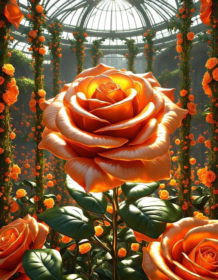 Orange Crystal Rose in Greenhouse: Digital Sci-Fi Art