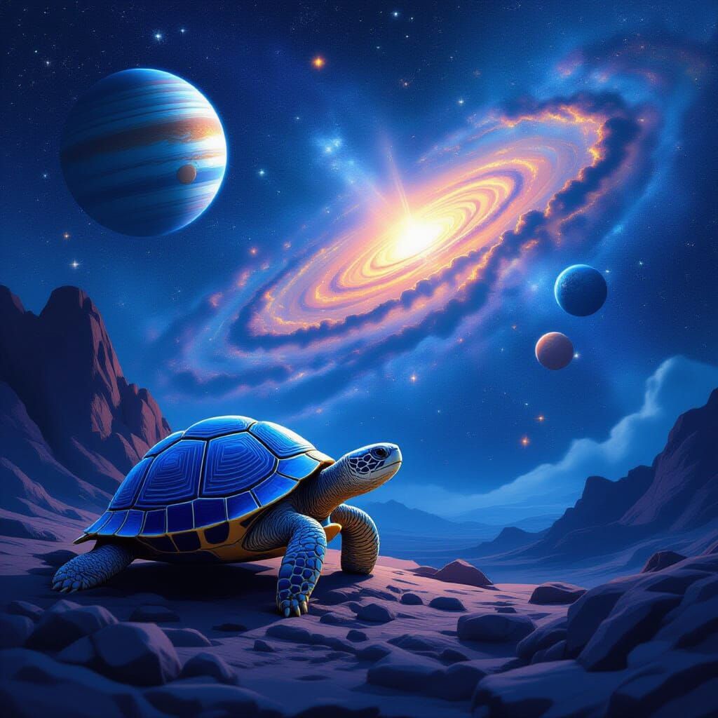 Cosmic Turtle Gazing at Starry Expanse