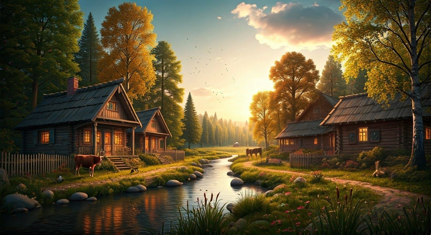 Cozy Village in Autumnal Landscape with Wooden Cottages and ...