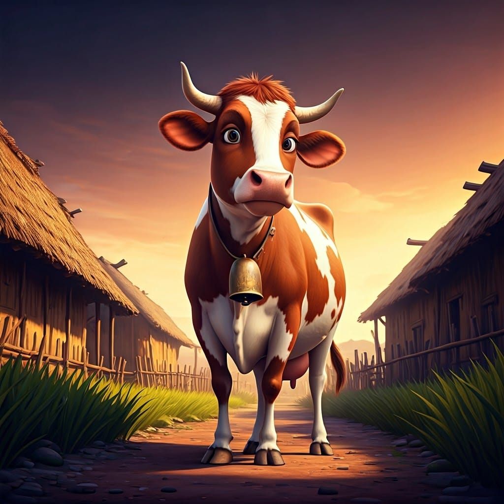Rural Village Oasis with a Majestic Cow in Splendid Colors
