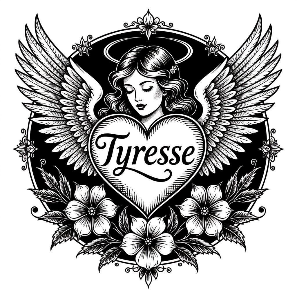 Black and White Heart Tattoo Design with Angel Wings