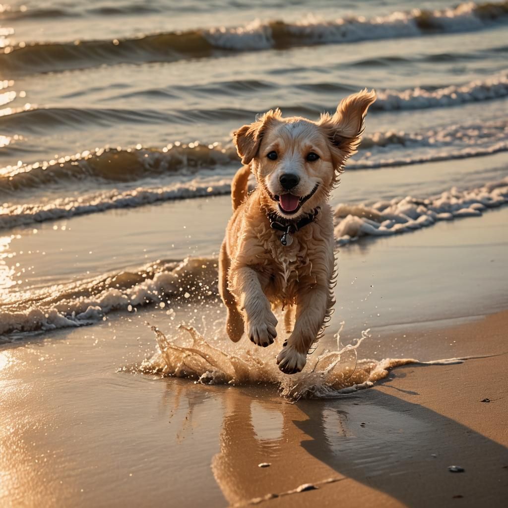 Puppy's Beach Chase in Golden Hour Light