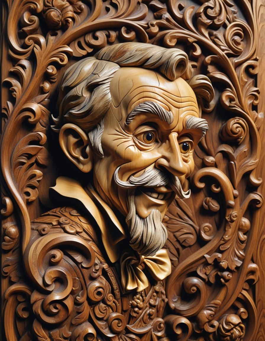 Ornate Wood Carving of Pinocchio and Geppetto