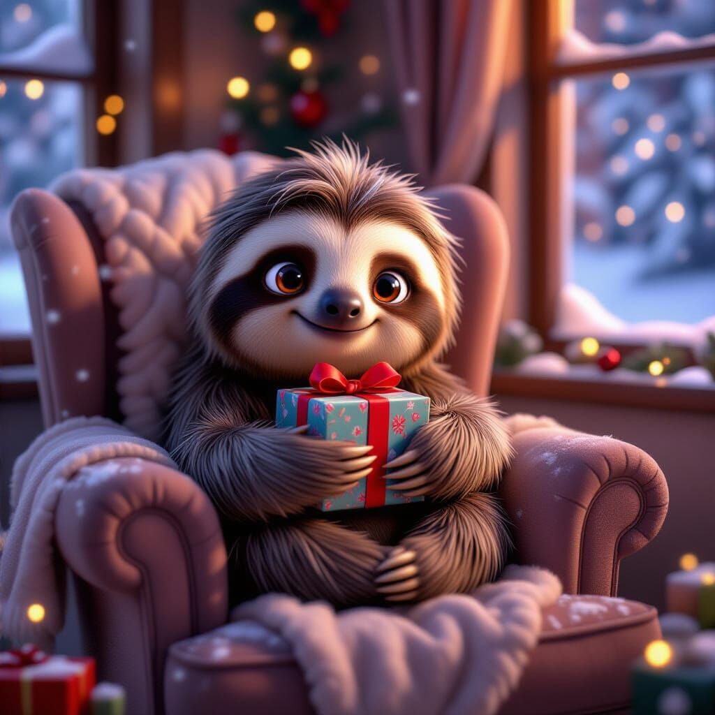 Adorable Sloth with Present in Cozy Christmas Armchair