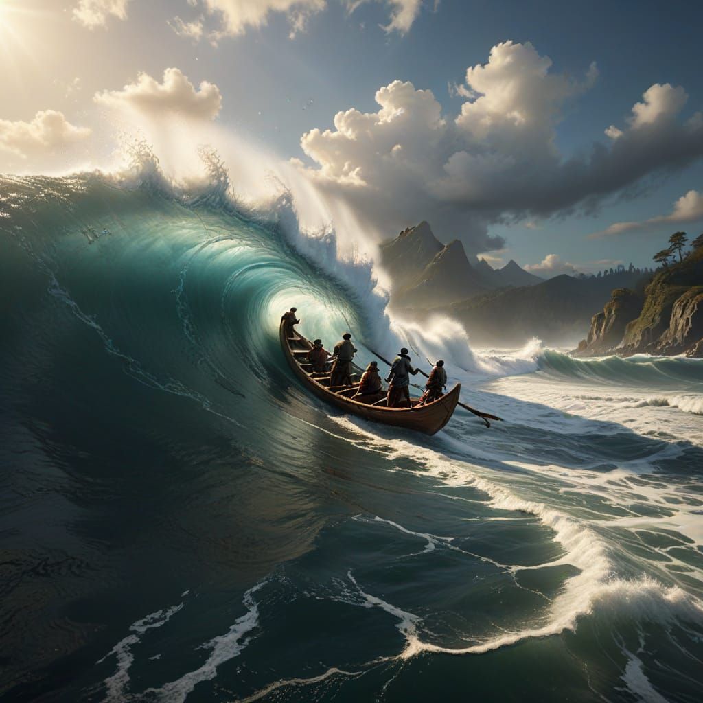 Traditional Maori Warriors Ride the Morning Wave in Splendid...