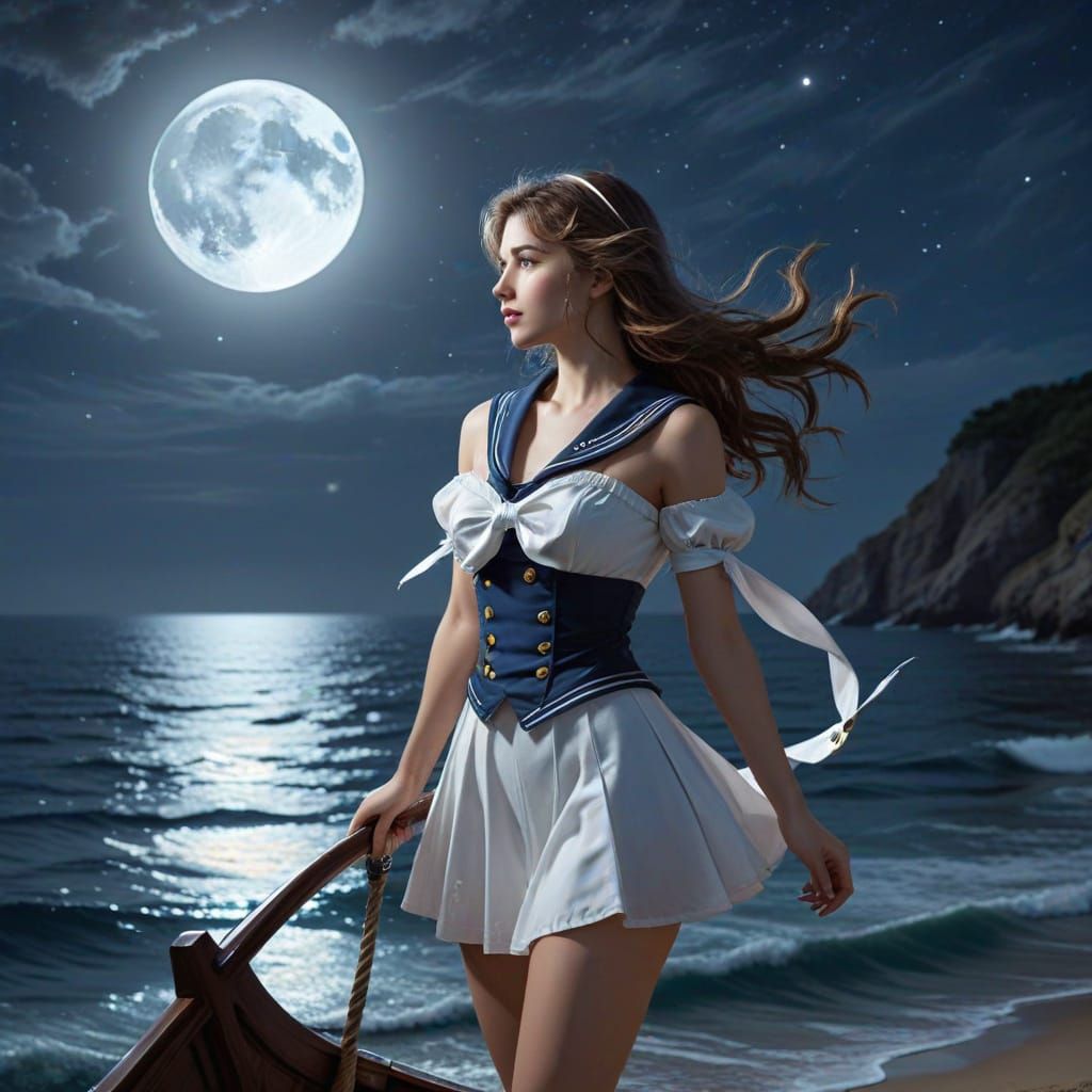 Moonlight Sailor on the Open Sea
