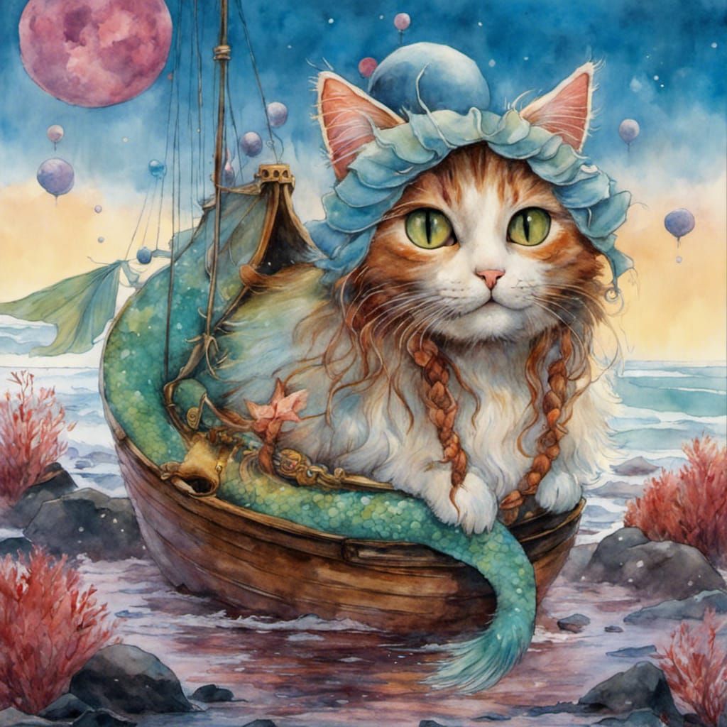 Watercolor Cat Mermaid in Jean-Baptiste Monge Style