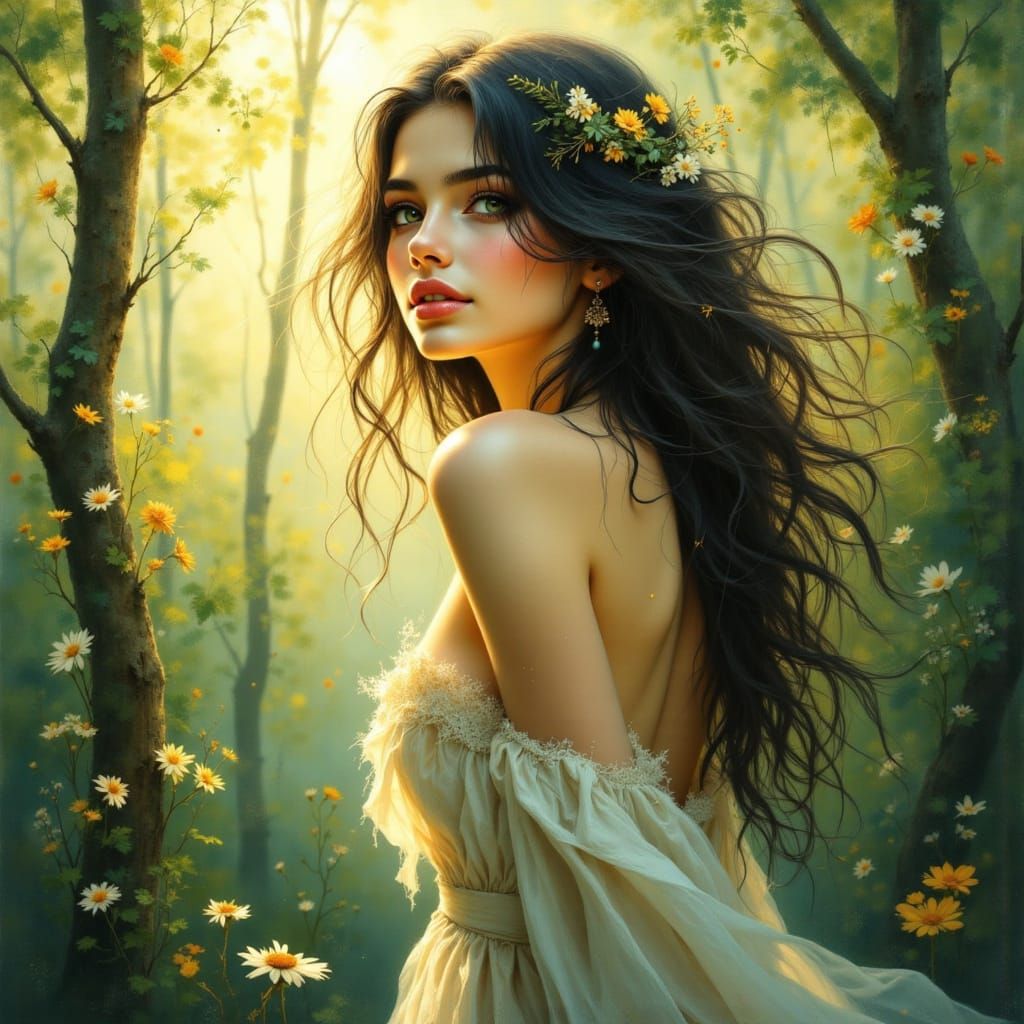 Sensual Woman with Wildflowers in Impressionist Style