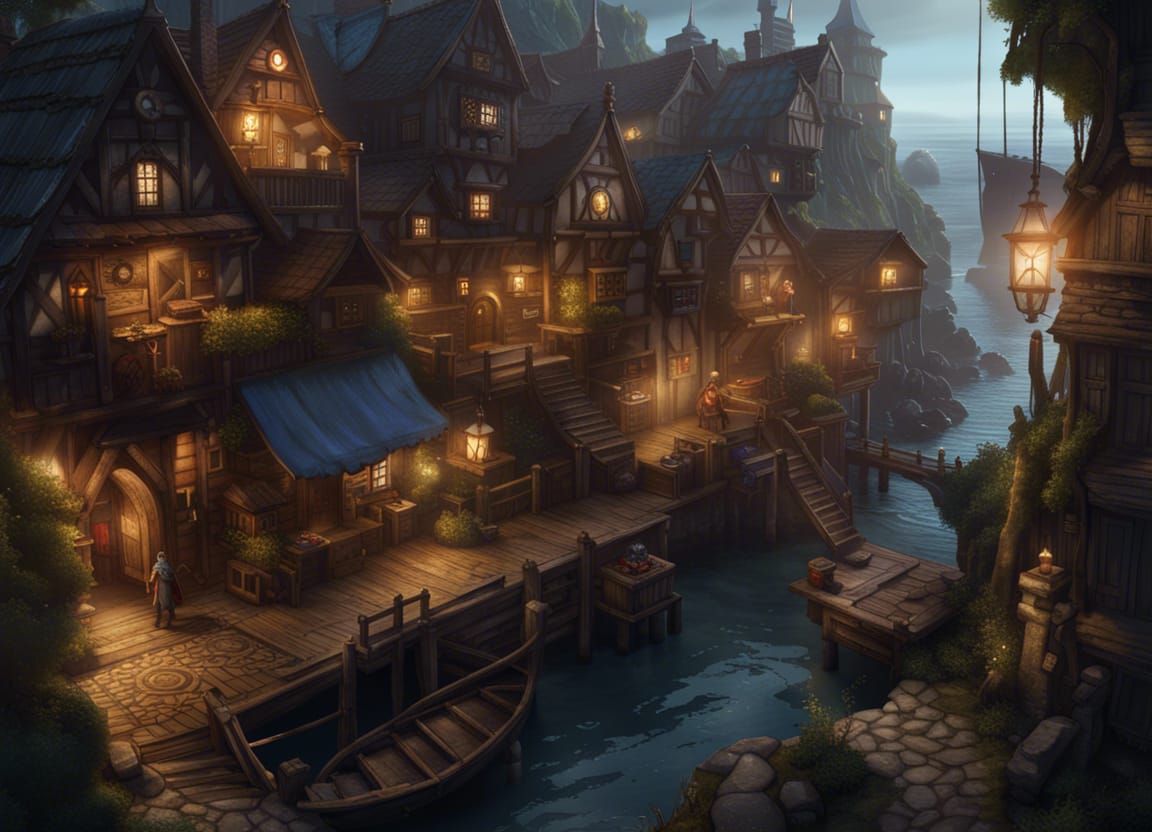 Fantasy Gnome Port City with Magic Portals