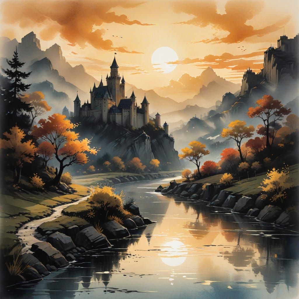 Majestic Castle at Golden Hour in Ink Wash Style