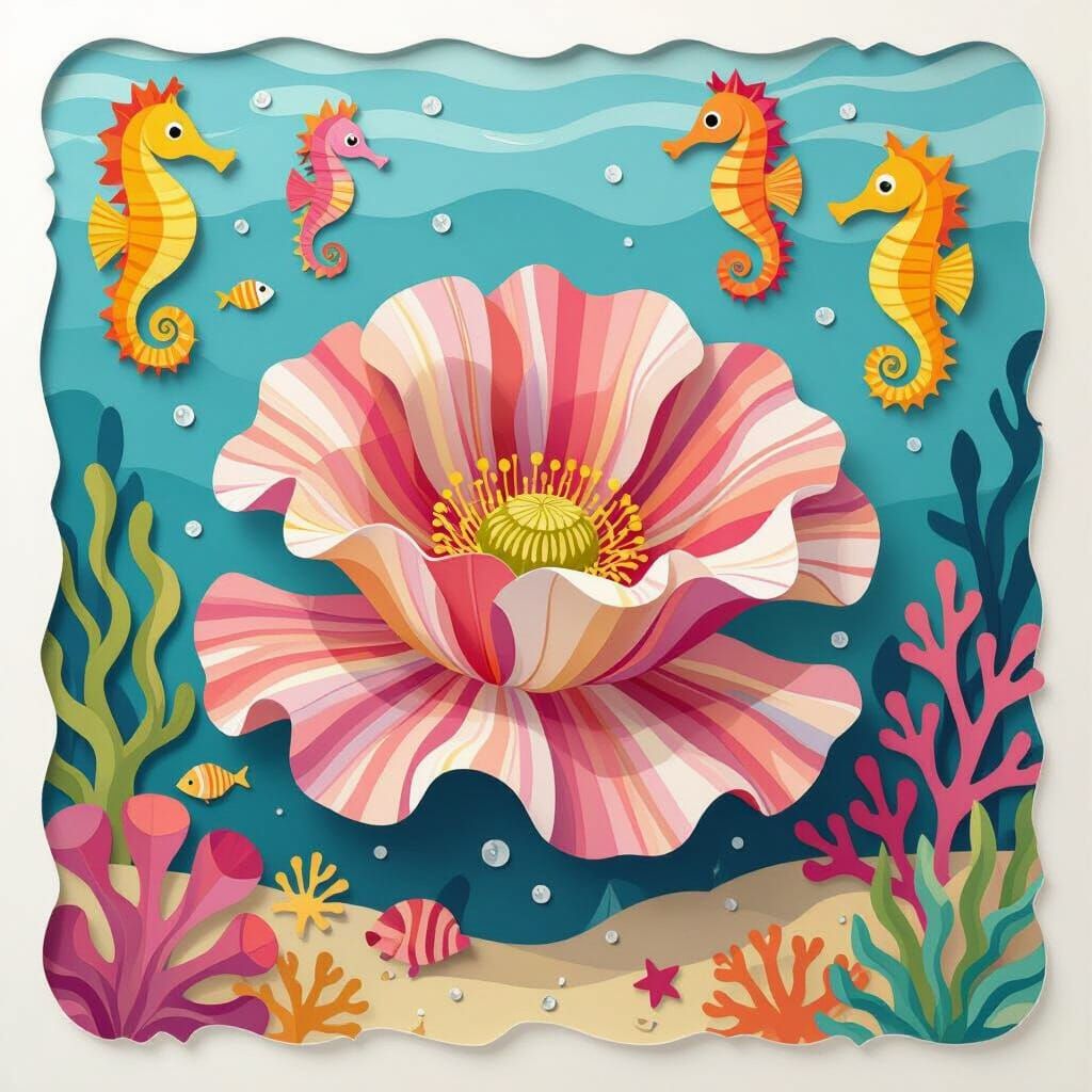 Vibrant Sea Anemone and Seahorses in Paper Cutout Style