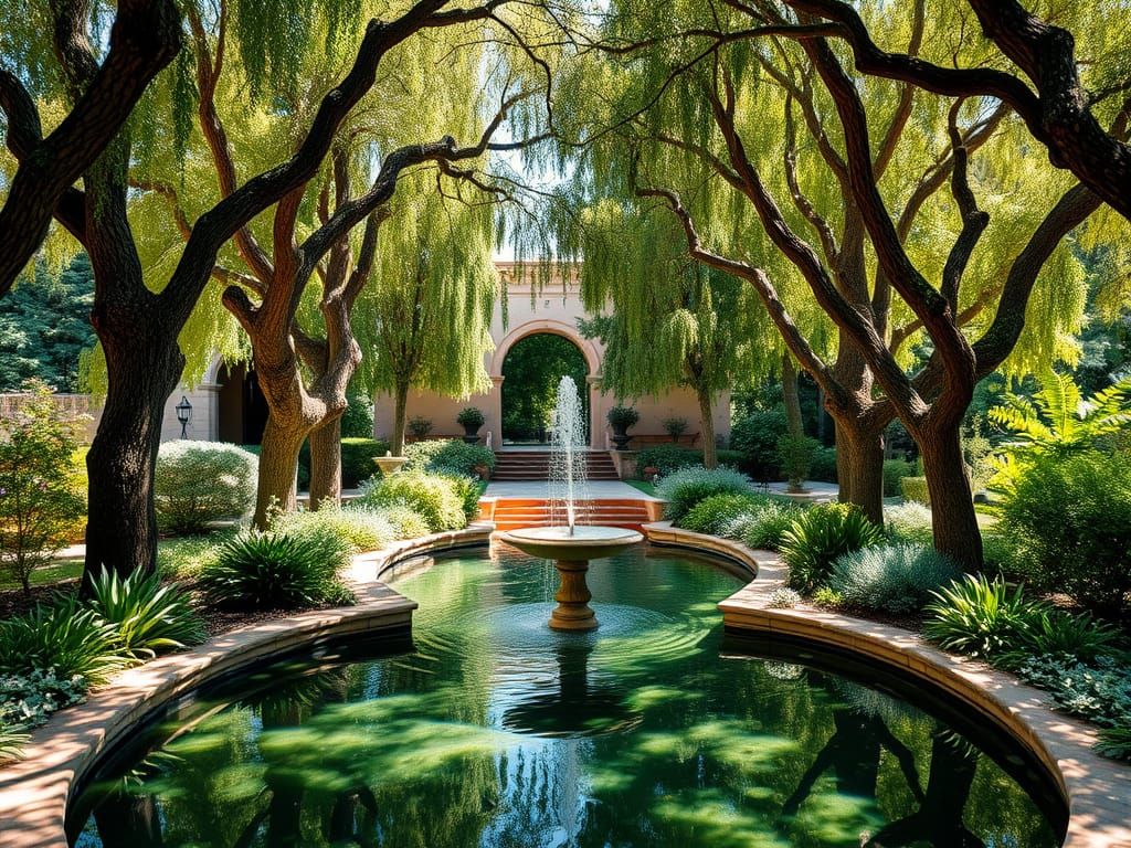 Serene Andalusian Garden with Majestic Trees and Fountain