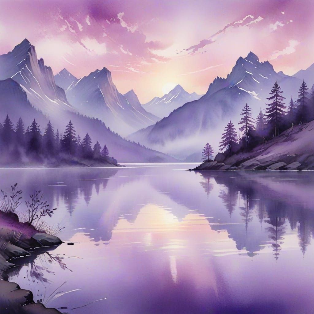 Purple Misty Dawn Over Lake: Watercolour Landscape
