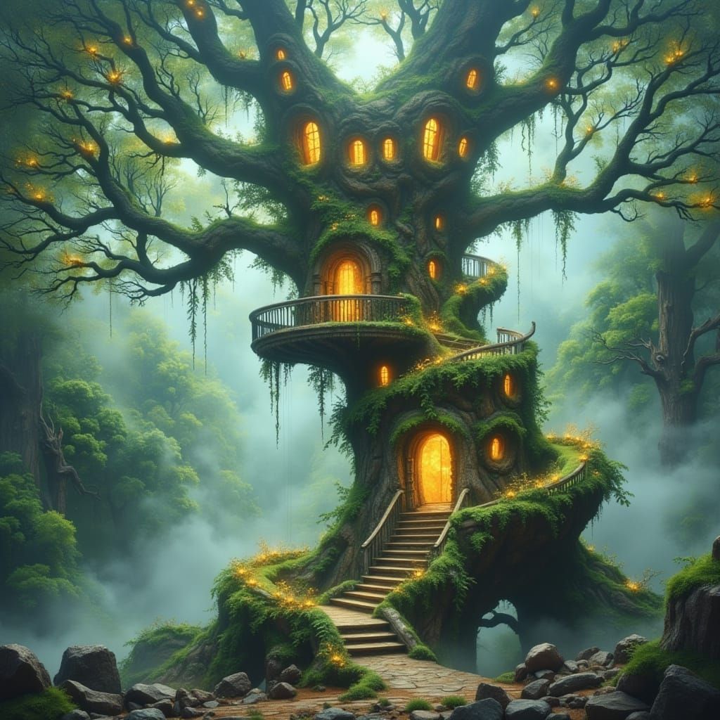Ethereal Treehouse Portal in Dark Oil Paint Style