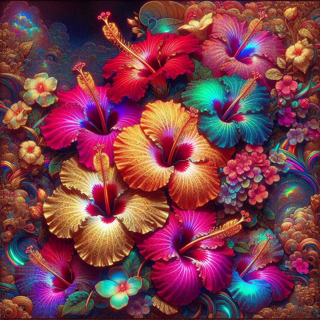 Vivid Hibiscus Flowers in Ukiyo-e Style