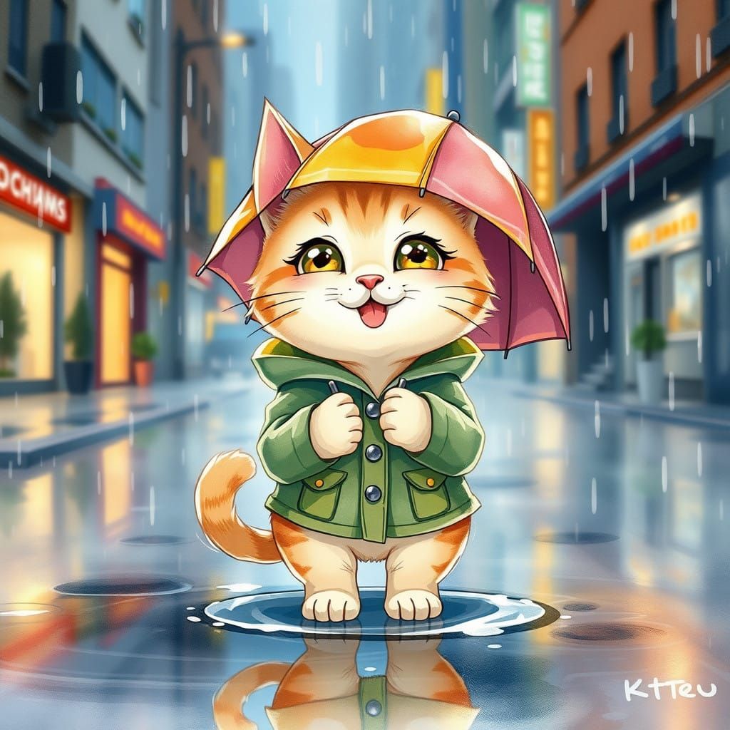 Whimsical Cat in Rainy City, Anime-Inspired Watercolor