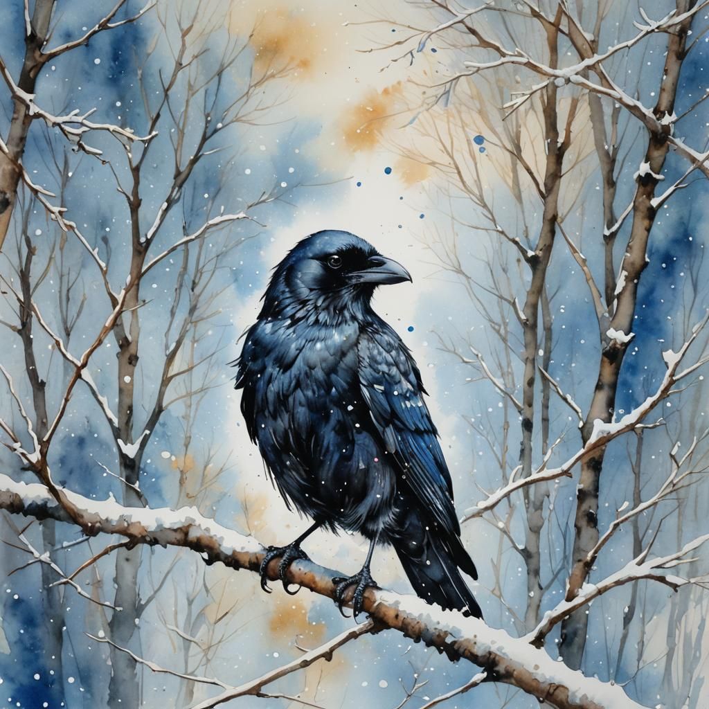 Crow on Snowy Branch in Watercolour Style