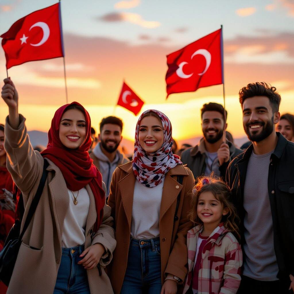 Diverse Group Holding Turkish Flags at Sunset