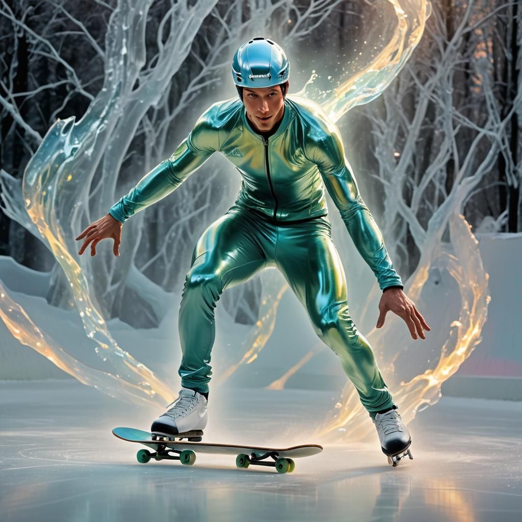Luminous Skater on Ice in Hyperrealistic Style
