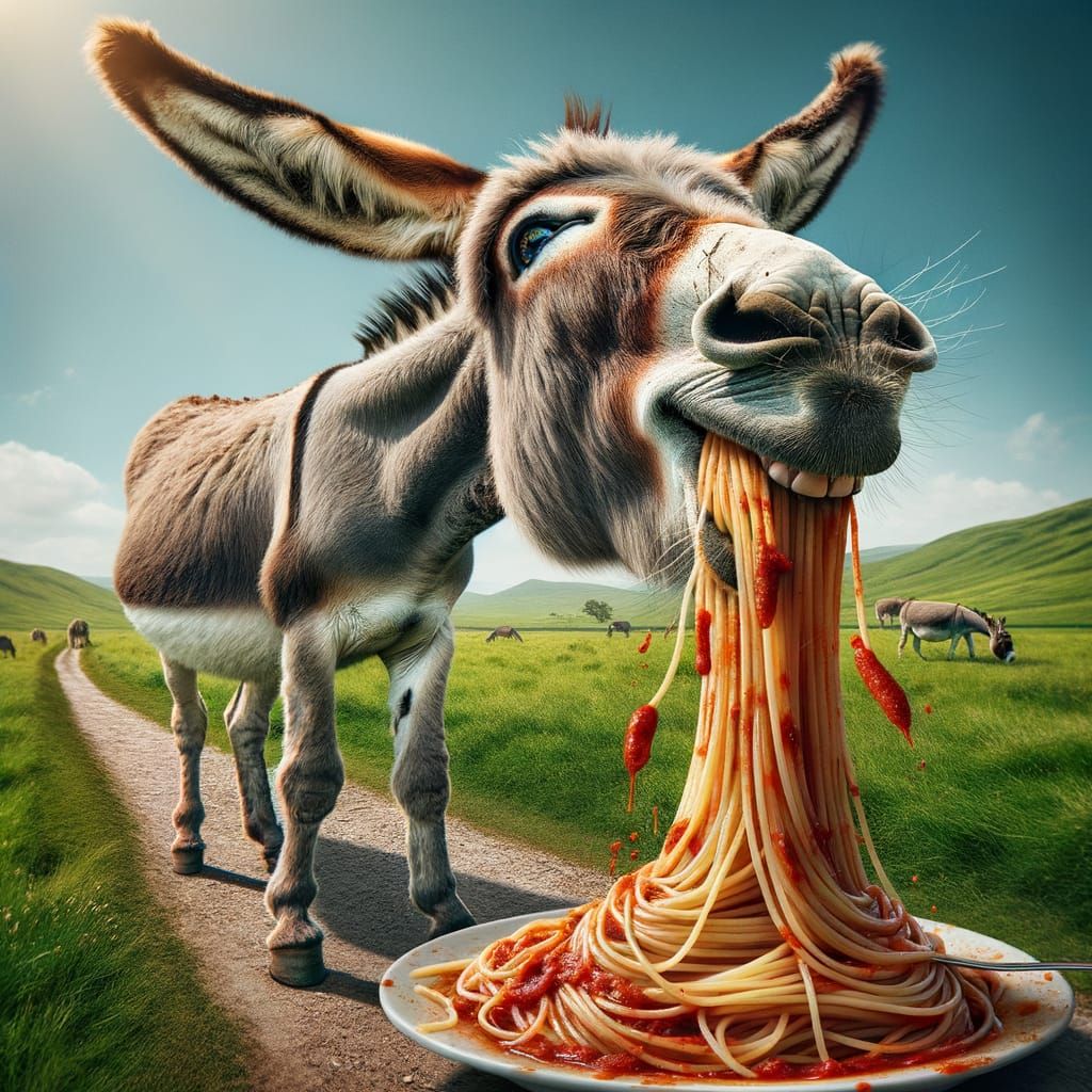 Donkey Enjoys Spaghetti in Rural Pasture