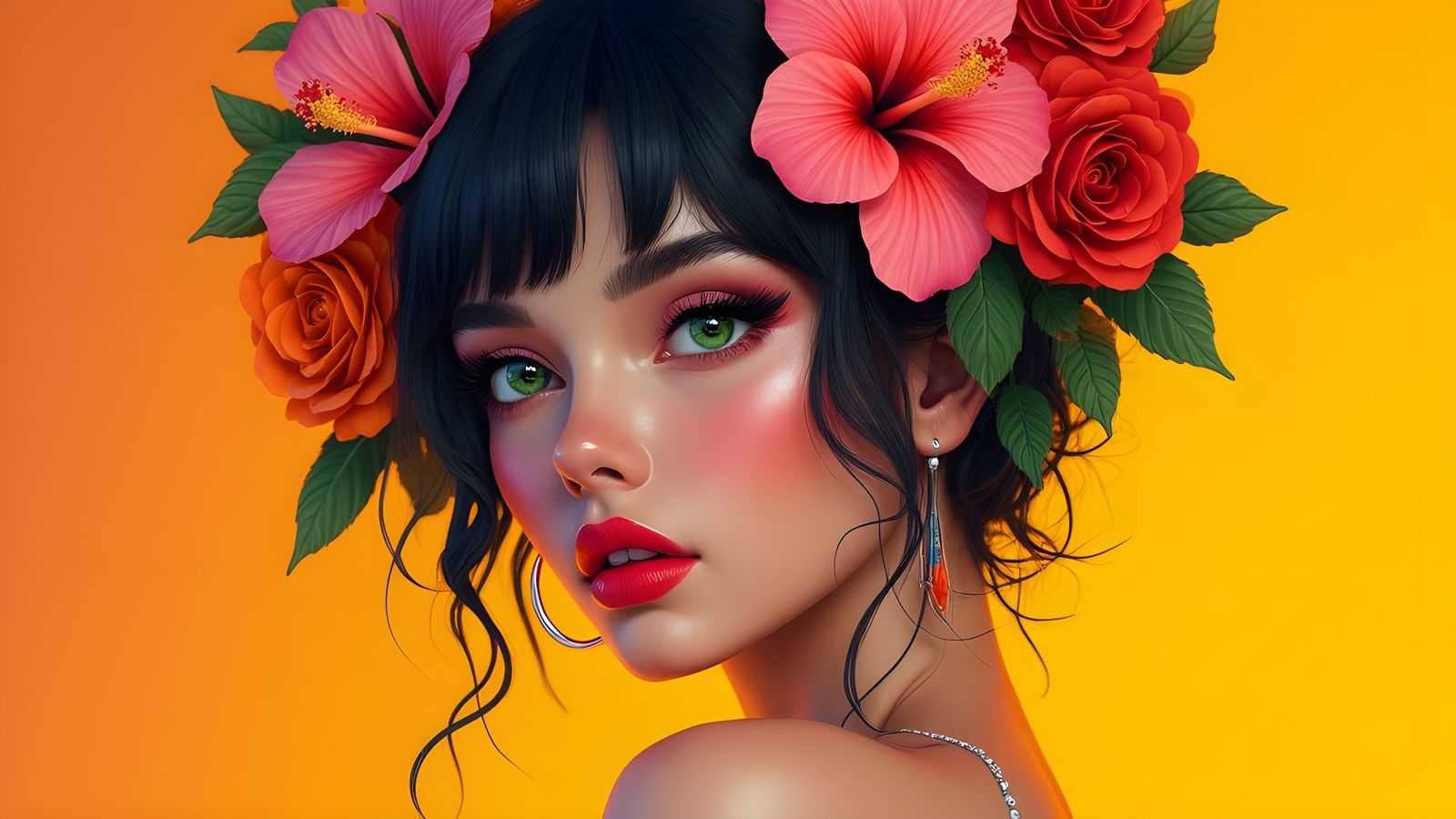 Vibrant Digital Portrait with Floral Adornments