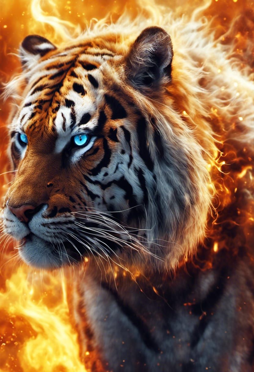 Fiery Obese Tiger with Blue Eyes: Fantasy Concept Art