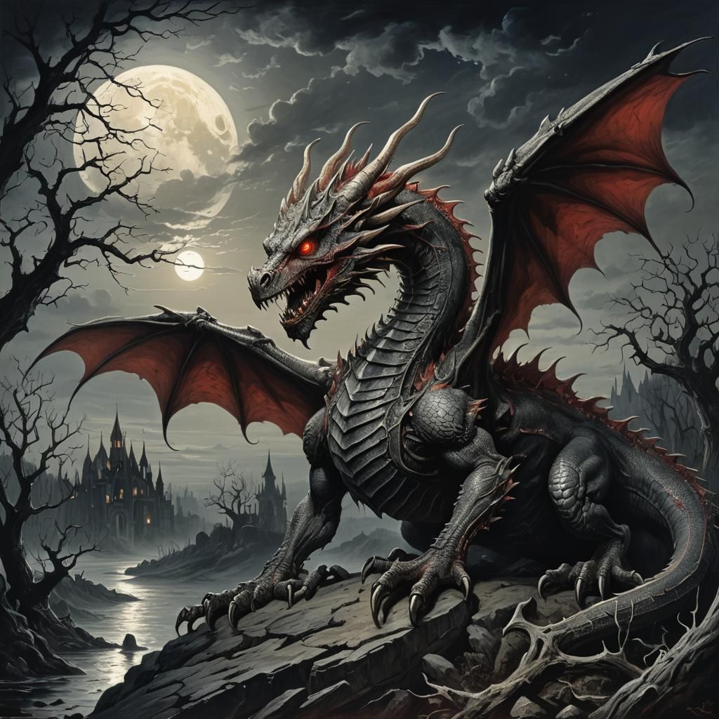 Moonlit Bone Dragon with Red Eyes