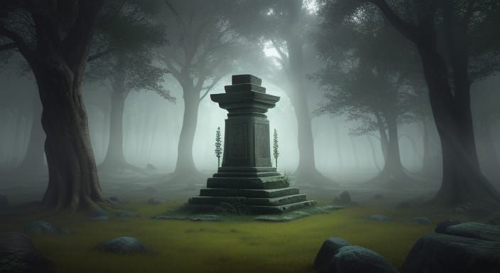 Ancient Glowing Stone in Misty Forest Clearing