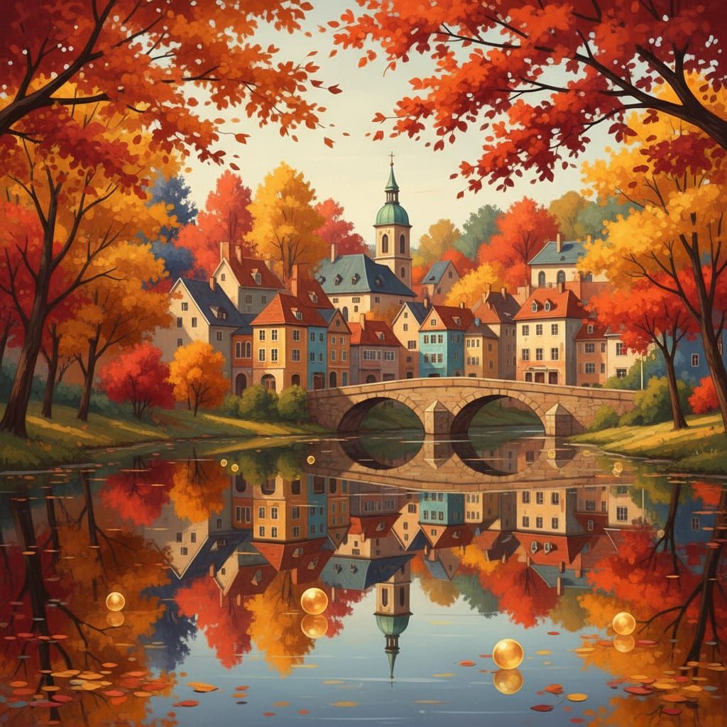 Picturesque European Town in Autumn River Reflection