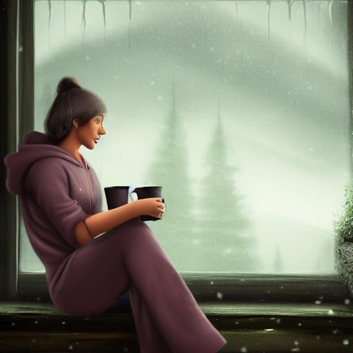 Woman Enjoying Cocoa on Snowy Day: Digital Art