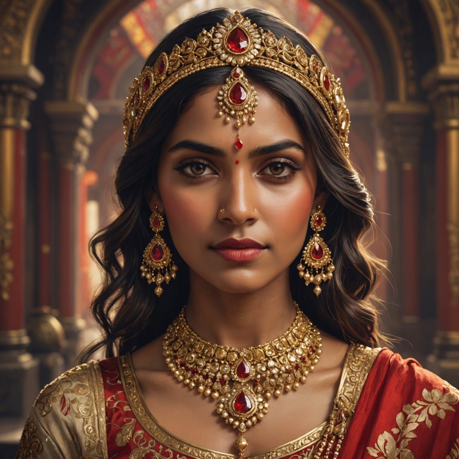 Beautiful Indian Woman Portrait in Red and Gold
