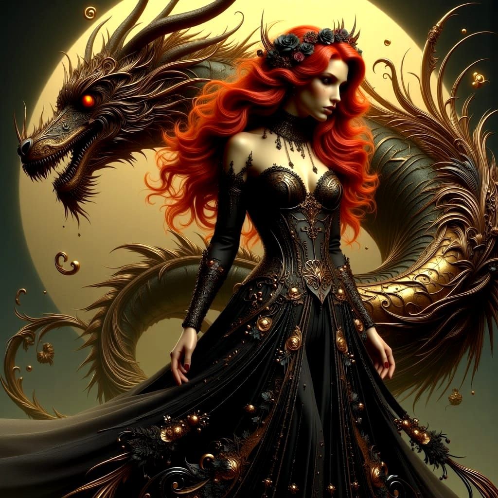 Red-Haired Witch and Golden Dragon in Art Nouveau Punk Style