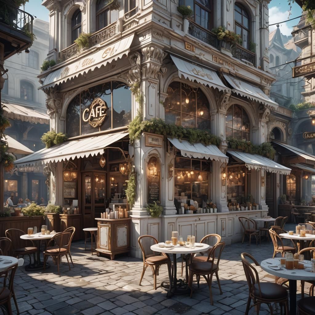 Fantastical White Cafe in Detailed Matte Painting Style