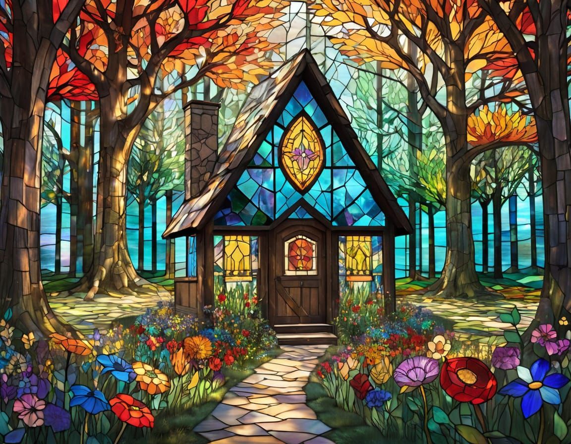 Stained Glass Sanctuary in a Vibrant Glass Forest