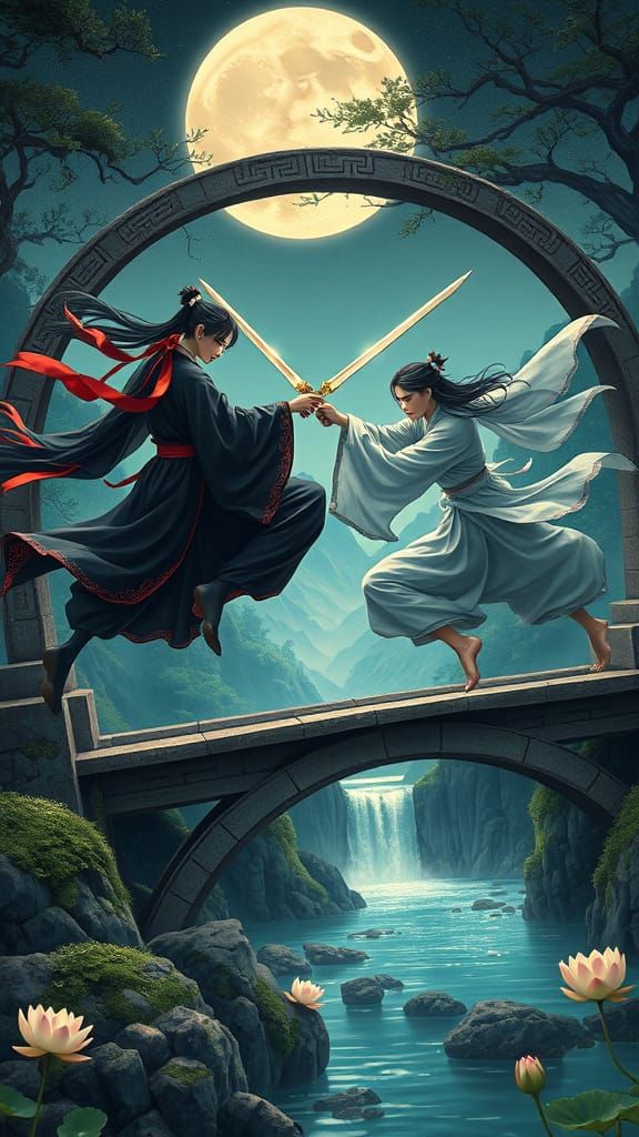 Ethereal Warriors Clash on Ancient Bridge