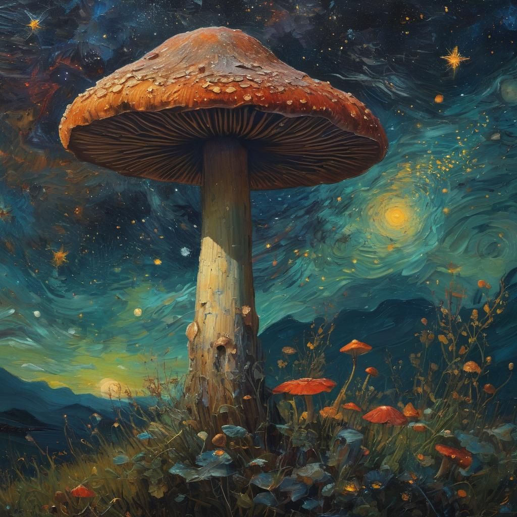 Heavenly Mushroom in Starry Night Sky as Expressionist Oil P...