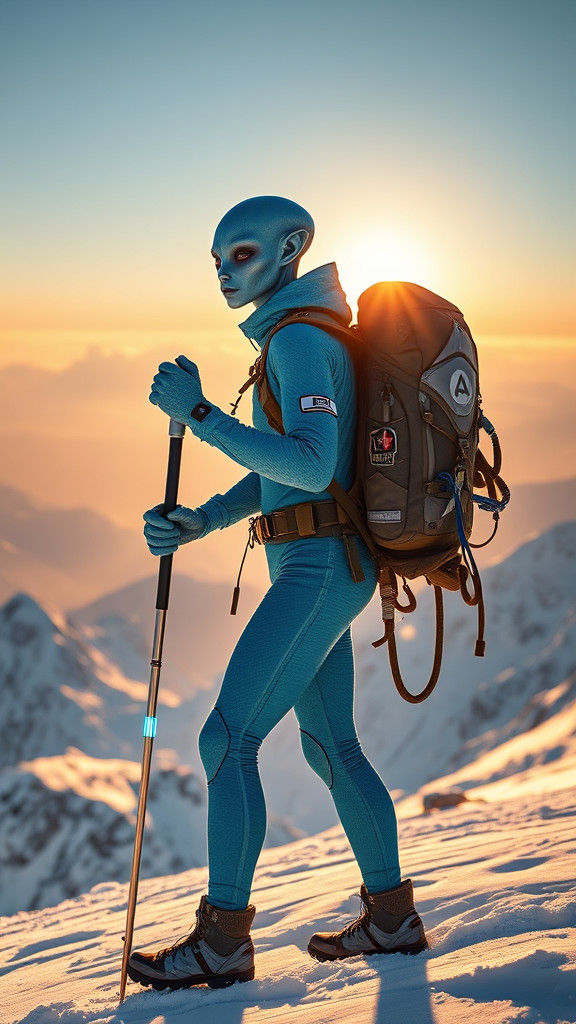 Alien Mountaineer on Snow Peaks as Digital Art
